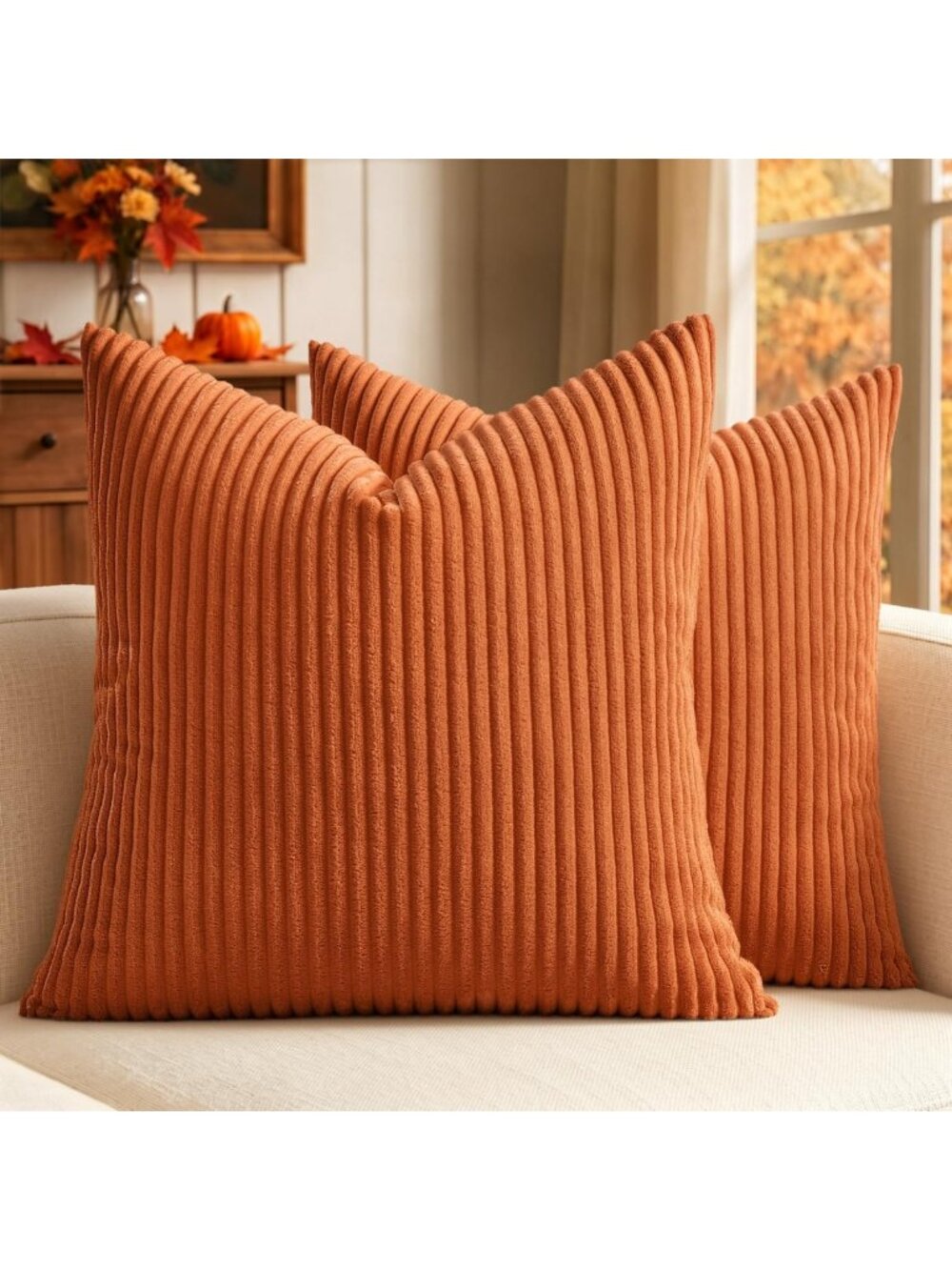 Cozy Fall Corduroy Throw Pillow Covers Set of 2 - 20x20 Orange Decorative Accent